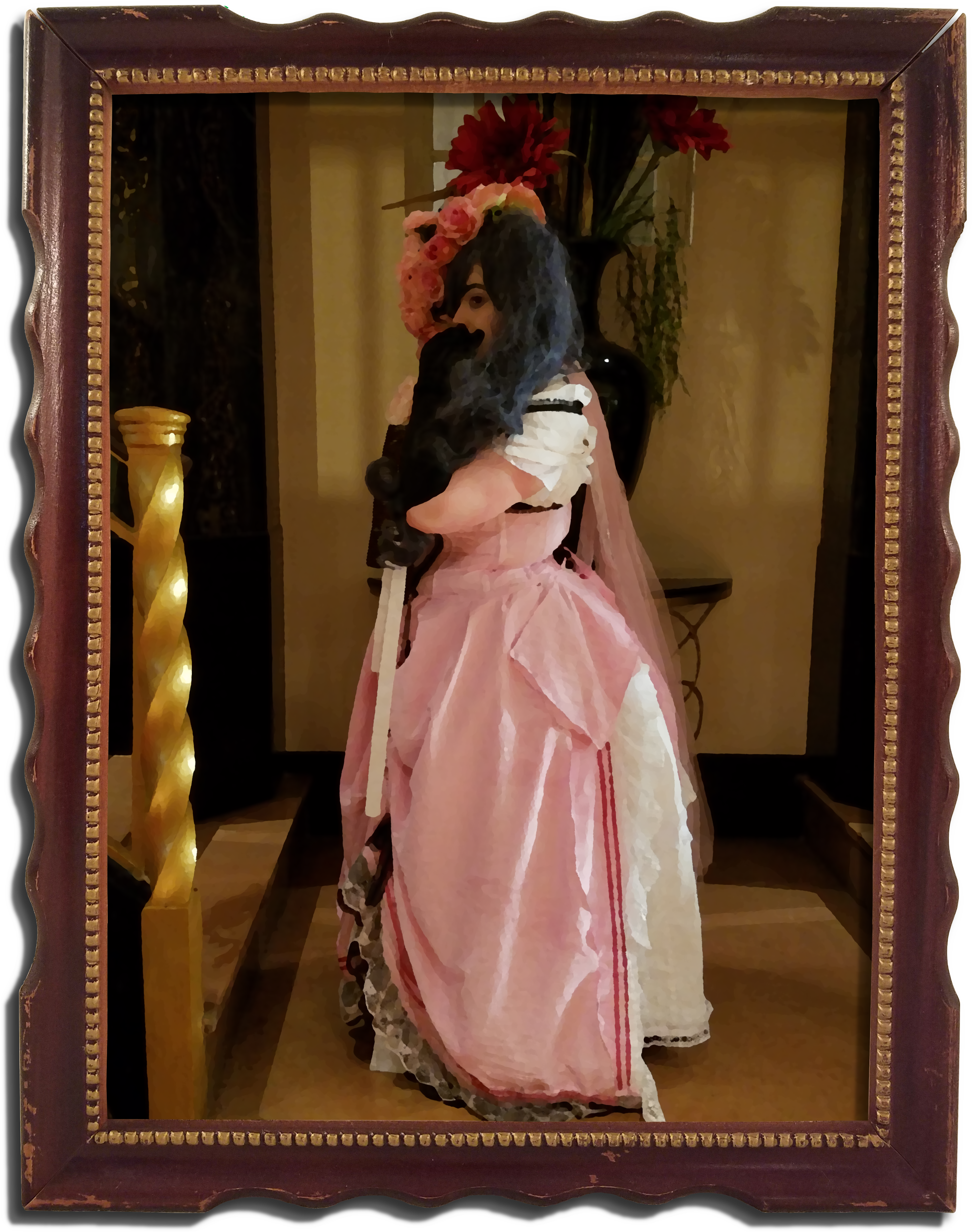 A (presumed) lady wearing a pink gown stands at the foot of a grand staircase, turned away from the viewer and covering her mouth with a gloved hand. One eye faces the camera. The portrait's been framed by an old-fashioned wooden picture frame. The oilify artistic filter in GIMP has been applied to turn the photo into a painting.
