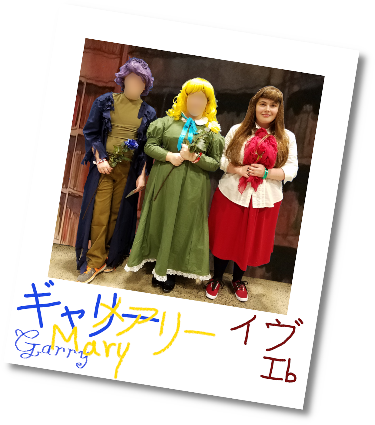 From left to right, a Gary cosplayer, a Mary Cosplayer, and an Ib cosplayer from the Indie RPG 'Ib' stand side by side. All three of them hold roses. The original background has been removed and replaced with a cropped photograph of a backdrop from a museum exhibit. It's got a painted look and was chosen to harken back to the art museum setting of the original game. The image has been edited in GIMP to look like a polaroid photo, and the names ギャリ/Garry, メアリ/Mary, and イヴ/Ib are written in colour co-ordinated ink below the characters on the white frame. Mary's partially cover's Garry's, reflecting her character's actions.